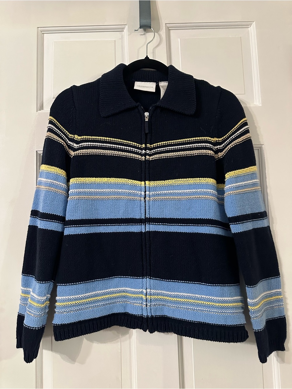 Vintage Y2K Liz Claiborne Navy Zip-Up Sweater with Blue and Yellow Stripes